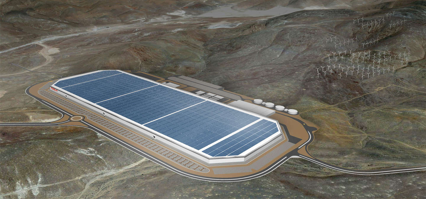 Representació de la Gigafactory, que farà bateries de liti per als cotxes elèctrics. Serà el segon edifici més gran del món i funcionarà només amb energia solar.