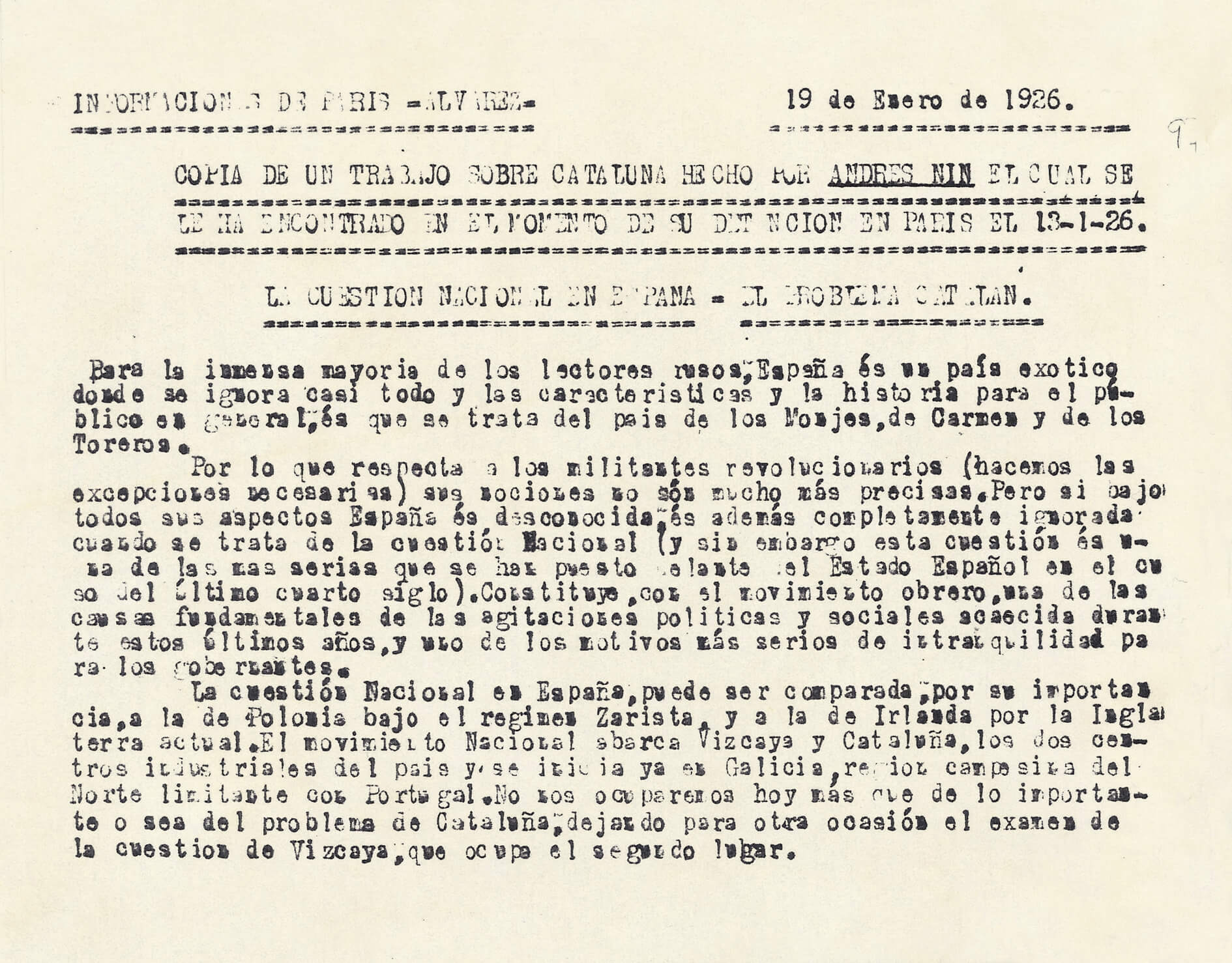 Imatge de l'informe de text confiscat a Andreu Nin a París sobre "El problema català", escrit en castellà, i la seva transcripció per a l'espionatge espanyol