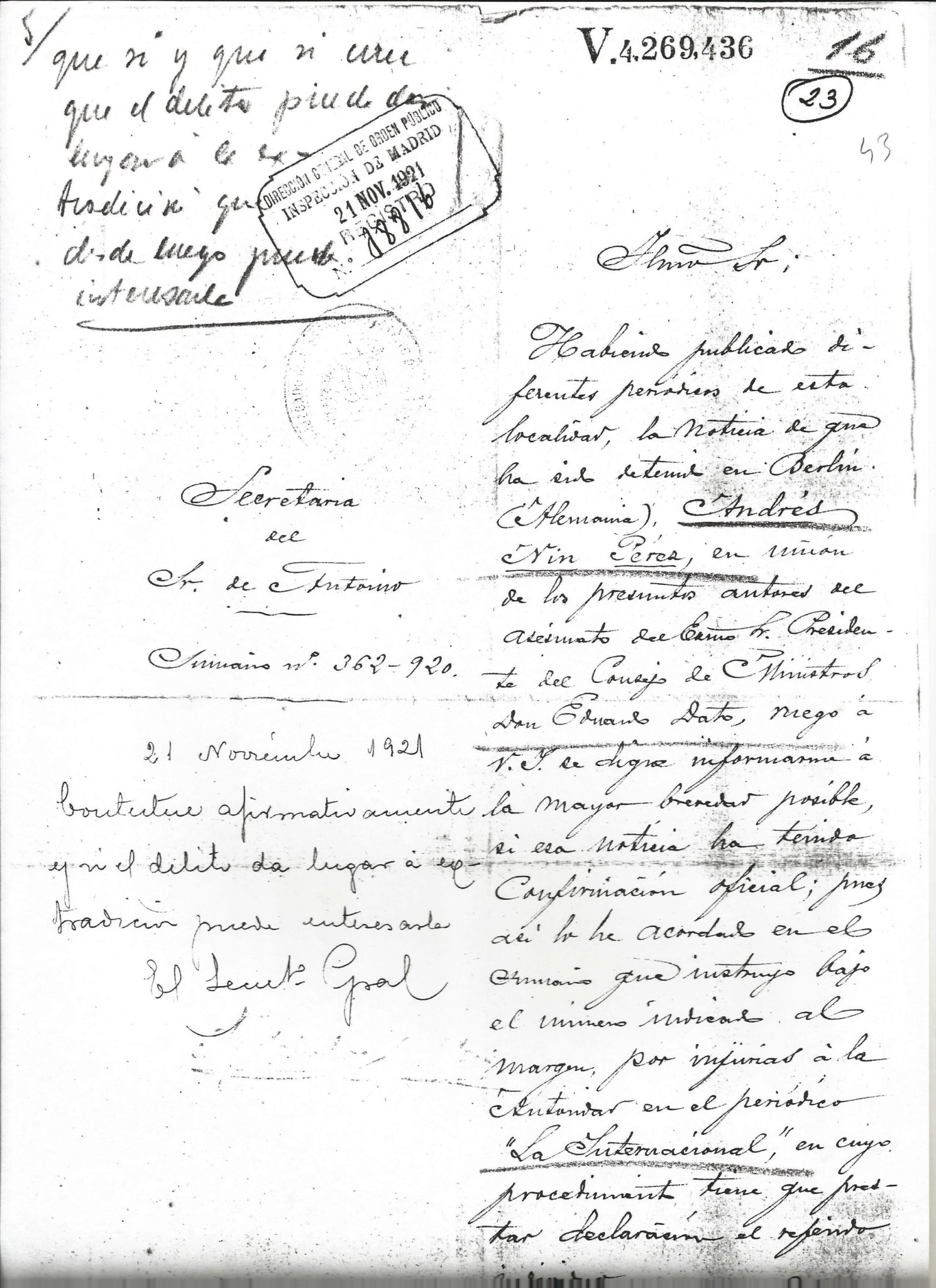Informe de la detenció d'Andreu Nin a Berlín