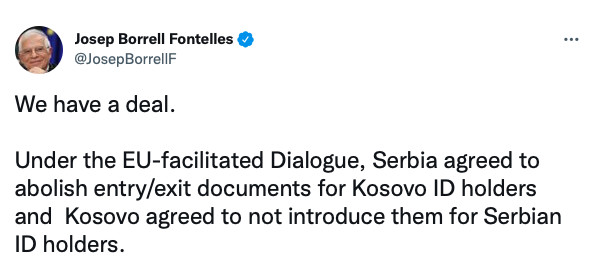  Borrell informa de l'acord entre els governs de Pristina i el de Belgrad a través de Twitter.