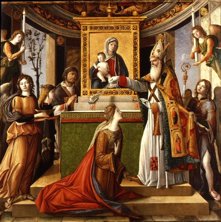 Aparició de sant Joan Evangelista a Gal·la Placídia, obra de Nicolò Rondinelli, datada entre el 1495 i el 1502.