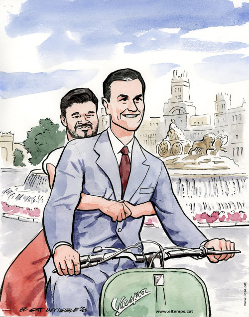 Gabriel Rufián i Pedro Sánchez en vespa