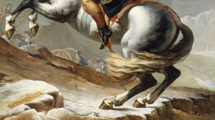 Detall de l'obra de 'Napoleó creuant els Alps' de Jacques Louis David on es veu el nom de Bonaparte al costat del d'Aníbal i Carlemany