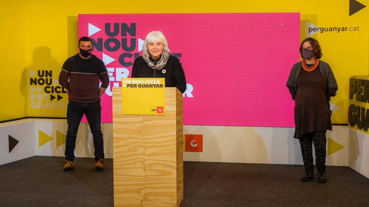 La cap de llista de la CUP, Dolors Sabater, durant la valoració dels resultats electorals el 14 de febrer del 2021. Agència Catalana de Notícies