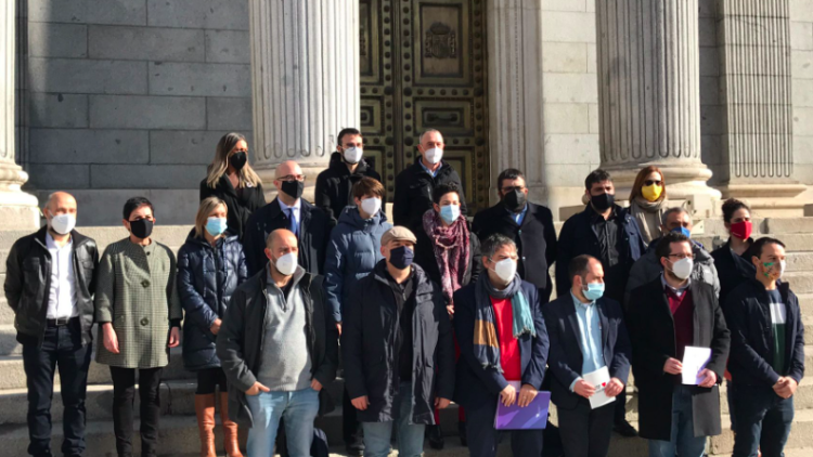 Representants d'A Mesa Pola Normalización lingüística, Plataforma per la Llengua, Euskalgintzaren Kontseilua, Escola Valenciana, Acció Cultural del País Valencià, Asociación Cultural Nogará, Iniciativa Pol Asturianu, Òmnium, Centre Internacional Escarré per les Minories Ètniques i Nacionals ahir al Congrés dels Diputats. EL TEMPS