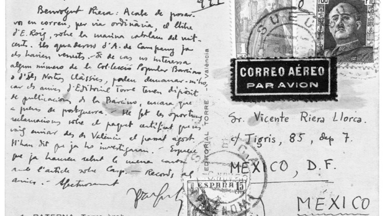 Una targeta postal enviada per Fuster a Riera Llorca el 1950. Arxiu V. Riera Llorca