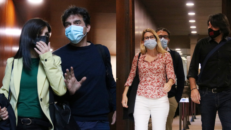 A la imatge esquerra, Malta Vilalta i Sergi Sabrià, negociadors d'ERC. A la dreta, Elsa Artadi, Josep Rius i Francesc Dalmases, negociadors de JxCat. ACN