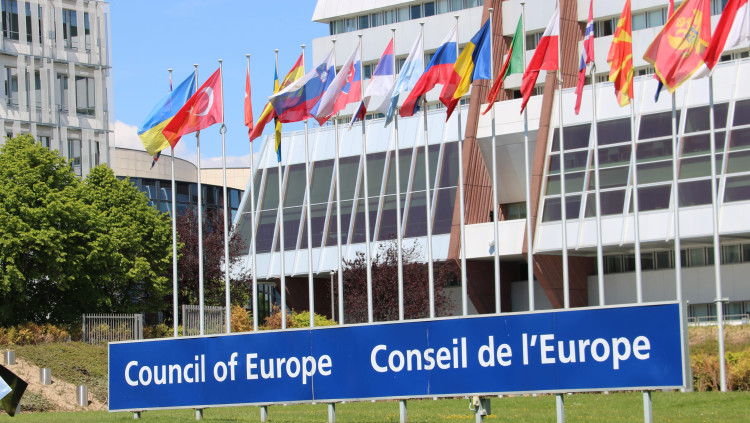 Pla general del cartell del Consell d'Europa amb les banderes dels estats membre de fons el 14 de maig del 2019. Agència Catalana de Notícies