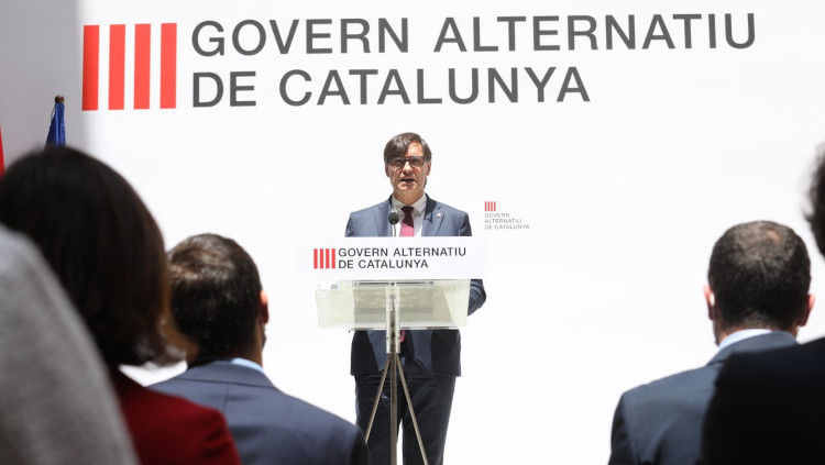 Pla general del cap de l'oposició i líder del PSC, Salvador Illa, durant la presentació del seu 'govern a l'ombra' el 6 de juny de 2021. Agència Catalana de Notícies