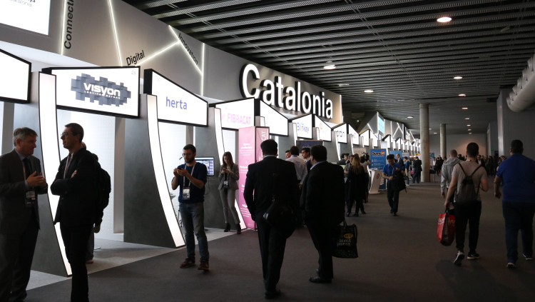 Pavelló de Catalunya al MWC on una vuitantena d'empreses catalanes exhibeixen les seves propostes en l'edició del 2019. Agència Catalana de Notícies
