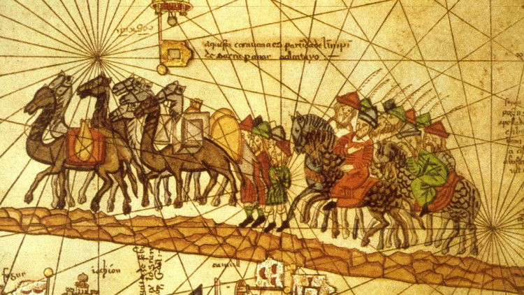 Il·lustració de l’Atles català (1375) que mostra la caravana del segle XIII de Niccolo Polo i Maffeo Polo (pare i oncle de Marco Polo) travessant Àsia.. Biblioteca Nacional de França