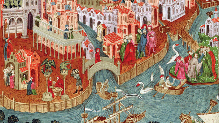 Marco Polo navegant des de Venècia el 1271, detall d’un manuscrit il·luminat, c. segle XV.. Odleian Library, Oxford