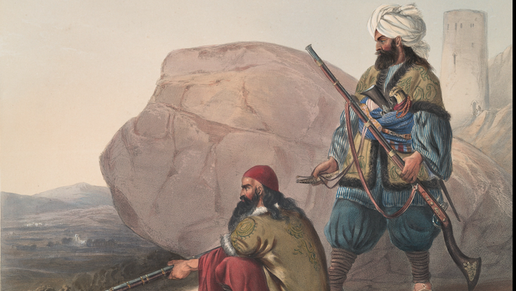 Estampa de James Rattray que representa “Soldats afganesos amb els seus uniformes d’hivern”, del 1848. James Rattray / NYPL