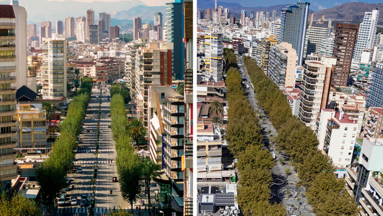 Dues perspectives dels primers 500 metres de l’avinguda del Mediterrani de Benidorm, abans i després de l’actuació urbanística duta a terme.. L. Lago / Alamy Stock Photo