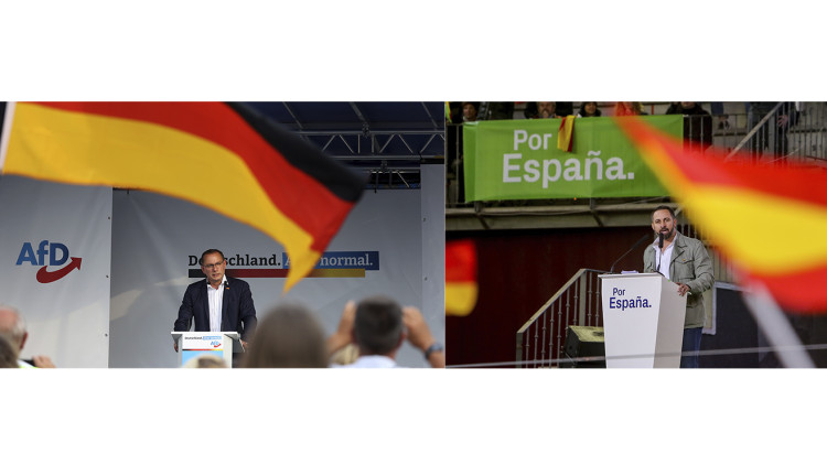 MÉS SIMILITUDS QUE NO SEMBLA. A l’esquerra, Tino Chrupalla, copresident d’Altenativa per Alemanya (AfD) en un míting recent, i a la dreta, Santiago Abascal, copresident de Vox, en un acte electoral de 2019.. Europa Press