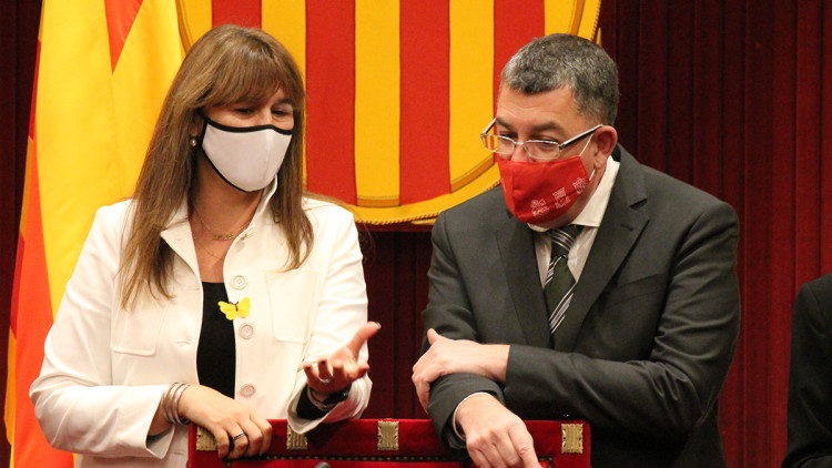 Els presidents del Parlament de Catalunya i de les Corts valencianes, Laura Borràs i Enric Morera, aposten per la cooperació entre els pobles català i valencià i reivindiquen la llengua comuna com una riquesa que cal preservar. Parlament de Catalunya