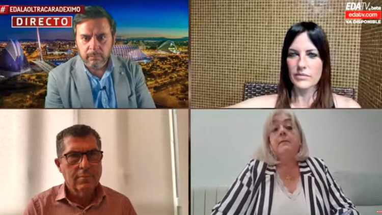 El presentador de la versió valenciana d'Estado de Alarma TV, Jorge Mestre, i la comentarista ultra Cristina Seguí (a la part superior) amb els diputats Manuel Pérez Fenoll. del PP, i Ana María Cerdán, de Vox.