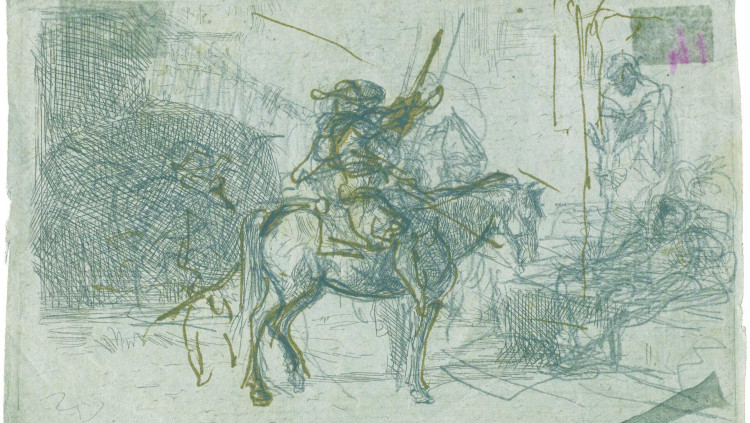 Marià Fortuny: Àrab amb gel·laba i turbant a cavall, c. 1861. Aiguafort.. Joan Ramon Bonet