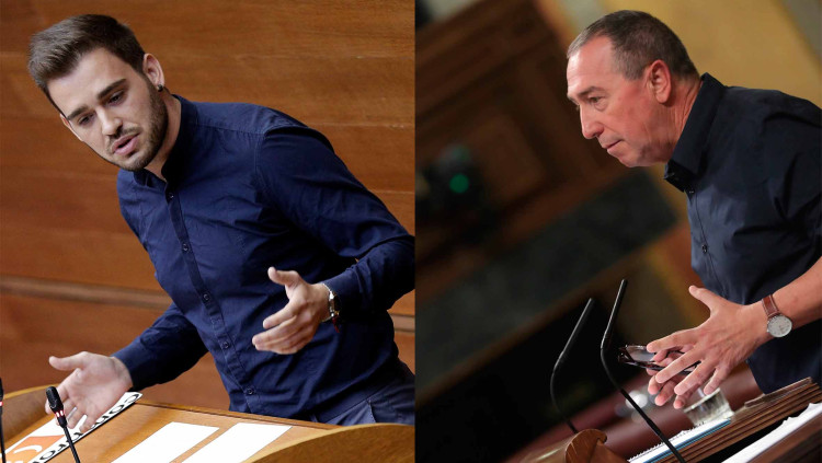 A l'esquerra, Fran Ferri, síndic parlamentari de Compromís a les Corts valencianes, i, a la dreta, Joan Baldoví, diputat al Congrés espanyol.. EFE