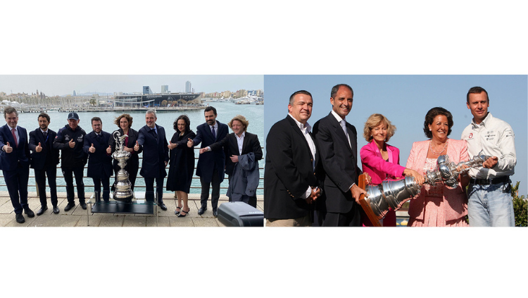 Tant l’elecció de València com de Barcelona com a seu de la Copa de l’Amèrica va i ha mobilitzat la classe política. A l’esquerra, els representants públics catalans amb els responsables del Emirates Team New Zealang. A la dreta, Francisco Camps i Rita Barberá amb la ministra Elena Salgado.