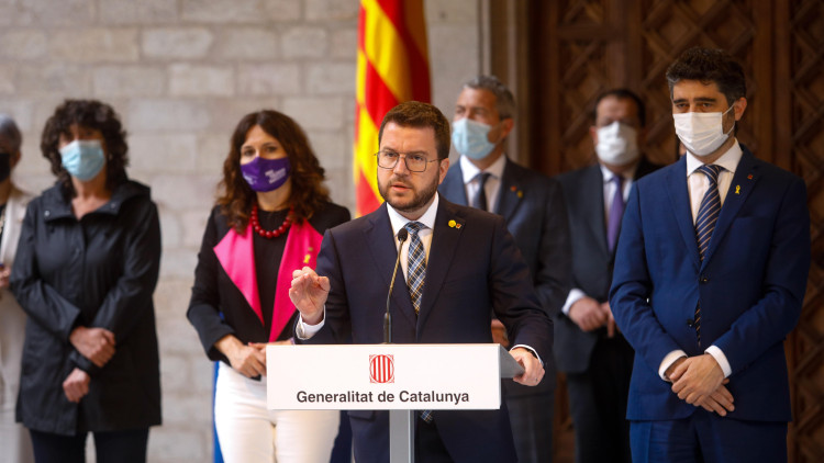 El govern català, amb el president Pere Aragonès al capdavant, compareix per denunciar el Catalangate. Agència Catalana de Notícies