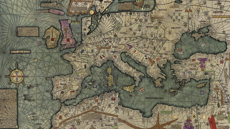 Porció del fantàstic atles català, que mostra Europa i nord d’Àfrica. Obra de Cresques Abraham del 1375