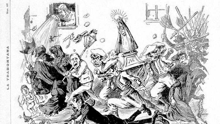 Il·lustració de La Tramontana, revista anticlerical de Josep Llunas. Alguns dels textos s'hi recullen a un dels volums de la Biblioteca Clandestina: ‘J. Llunas i la Biblioteca humorística de Calamitats’. La Tramontana (Cercle de Lectura de Reus)