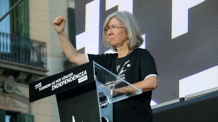 Dolors Feliu, presidenta de l'ANC, s'adreça als manifestants durant la Diada. Agència Catalana de Notícies