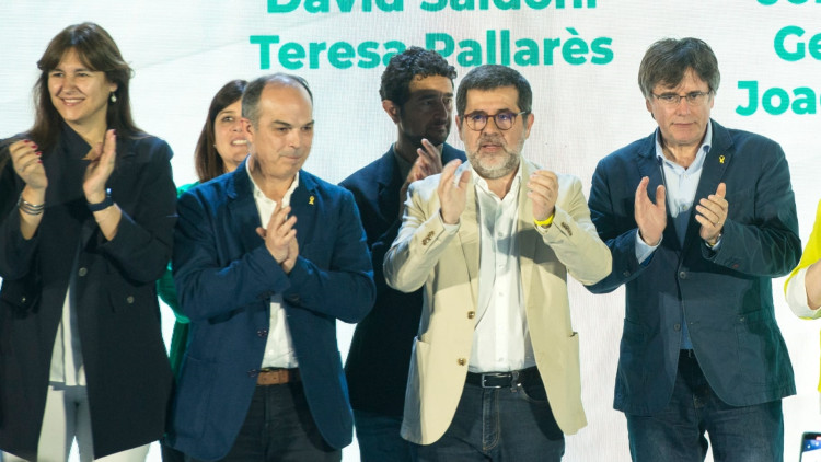 Laura Borràs, Jordi Turull, Jordi Sànchez i Carles Puigdemont en el congrés del partit el 4 de juny. Glòria Sánchez / EuropaPress