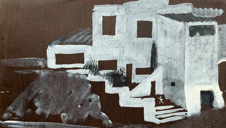 Dibuix inèdit de Salvador Dalí, estudi de les obres a realitzar a la seva casa de Portlligat. Oli sobre cartró 24,5 cm x 32,5 cm. Arxiu Pere Vehí, Cadaqués
