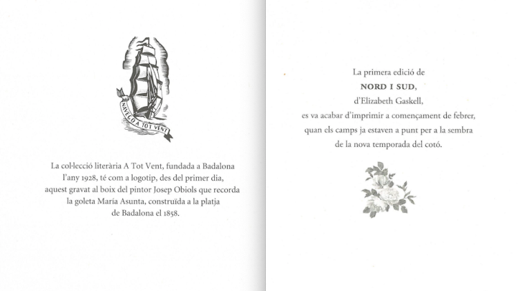 Colofons de la col·lecció A Tot Vent de Proa i de la novel·la ‘Nord i sud’ d’Elizabeth Gaskell, de Viena