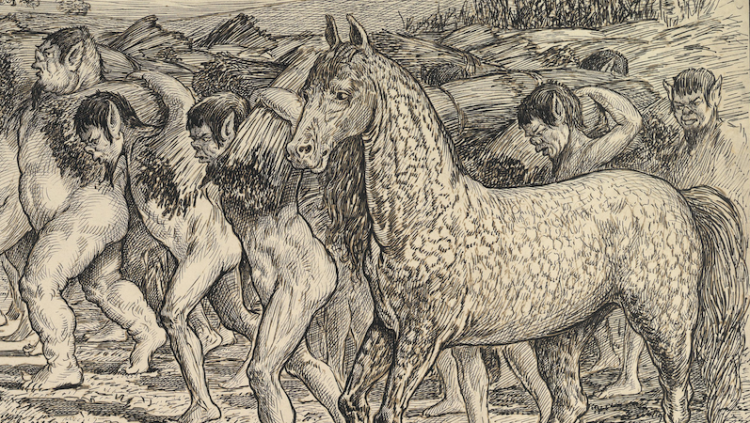 Detall d’una il·lustració dels Viatges de Gulliver, amb els yahoos fent d'esclaus dels houyhnhnms (els cavalls).
