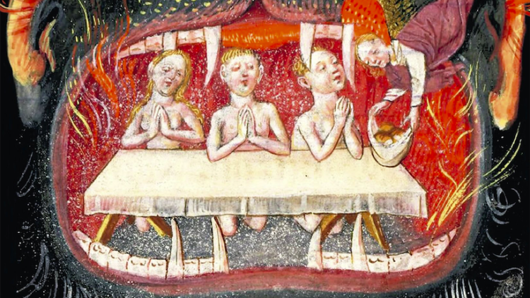 Detall de la coberta d''Et vaig donar ulls i vas mirar les tenebres". Anagrama amb "Ànimes del Purgatori consolades amb una ofrena"