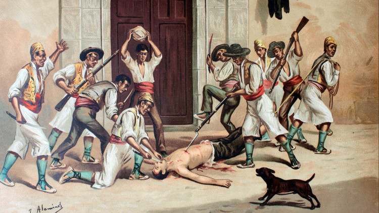Quadre de J. Alaminos que reprodueix l’assassinat de l’alcalde Agustí Albors.