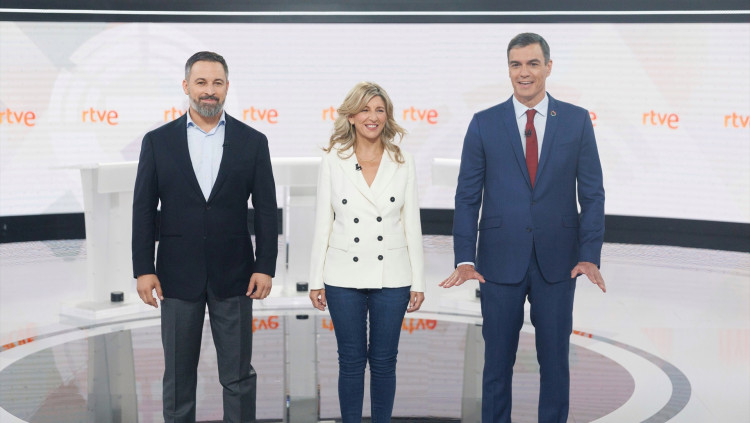 Santiago Abascal, Yolanda Díaz i Pedro Sánchez al debat de TVE| Europa Press