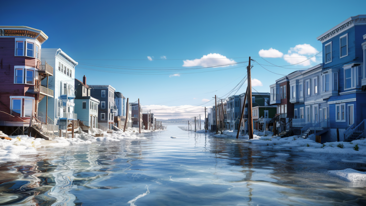 Una ciutat costanera d’Alaska inundada per la pujada del nivell del mar com a conseqüència del desglaç provocat pel canvi climàtic.. ADOBESTOCK