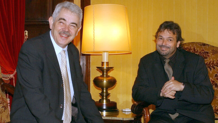 El president de la Generalitat (2003-2006), Pasqual Maragall, amb el president del Parlament (2003-2010), Ernest Benach. Arxiu EL TEMPS
