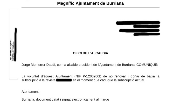 Document que acredita la retirada de la subscripció