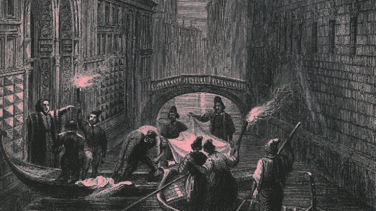 Detall de la coberta de 'Com em vaig escapar de la presó de Venècia' feta amb el gravat de 1854 'Ponte dei sospiri'