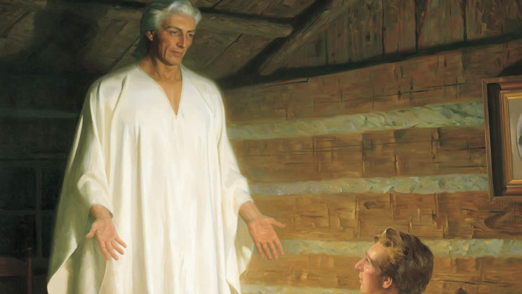 Representació de la visió de l’àngel Moroni que va tenir Joseph Smith, en la qual l’enviat de Déu li hauria donat instruccions sobre la restauració de l’evangeli.