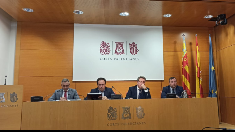 D'esquerra a dreta: Miguel Barrachina (síndic del PPCV); Juanfran Pérez (portaveu adjunt del PPCV); José María Llanos (síndic de Vox); i David Muñoz, diputat de Vox a les Corts Valencianes| EL TEMPS