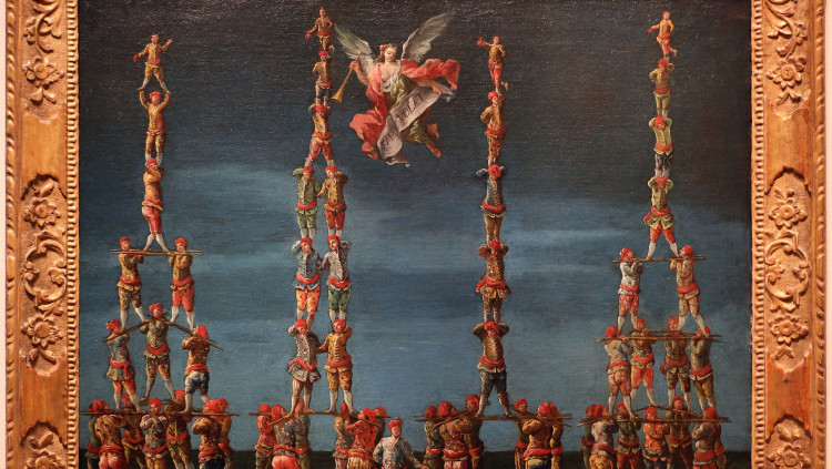 Al·legoria de la Bella Fama aixecada pels Castellani venecians en dijous gras. Obra del 1730-40 atribuïda a Francesco Guardi (Wikimedia Commons)