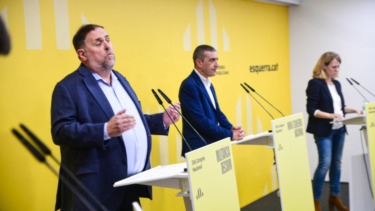 Oriol Junqueras, amb Xavier Godàs i Helena Solà. Agència Catalana de Notícies