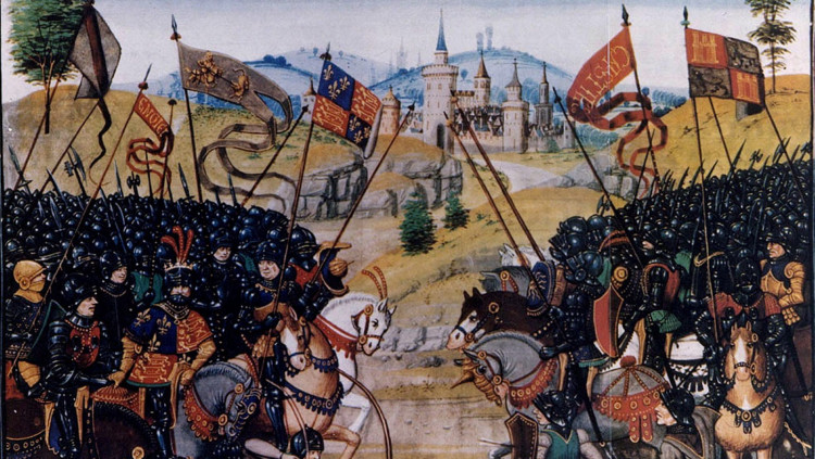 Obra artística d’una batalla de la Guerra dels dos Peres (1356-1376) treta de les Cròniques de Jean Froissart