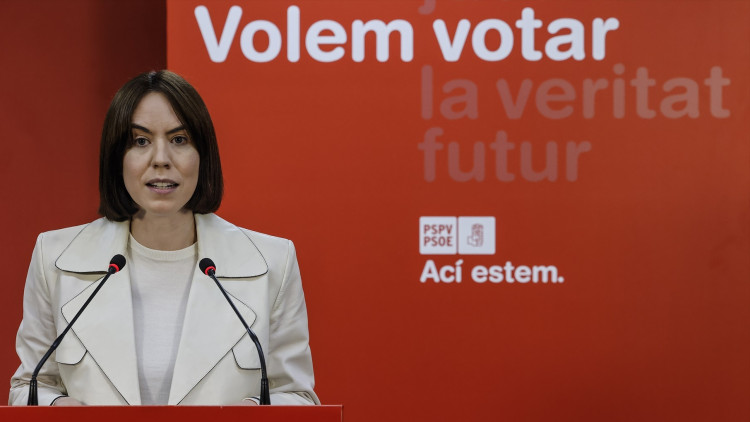 Diana Morant, en la seua compareixença dʼaquest dimecres a la seu del PSPV-PSOE.. Europa Press