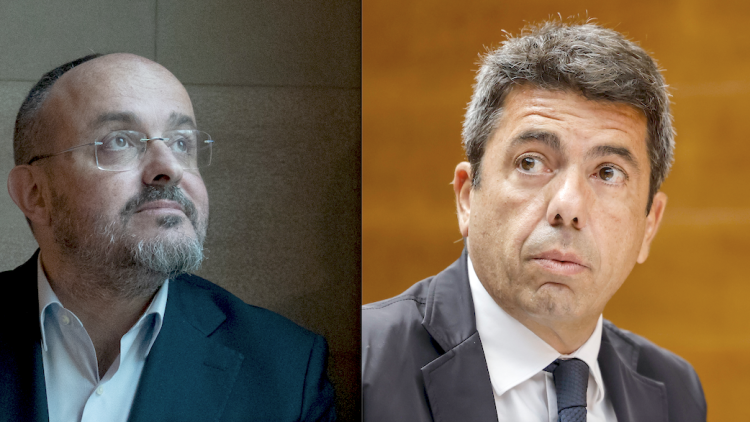 A l'esquerra, el president del PP català, Alejandro Fernández, i a la dreta, el del PP valencià, Carlos Mazón.. Europa Press