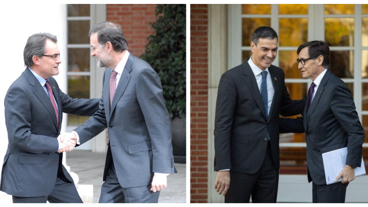 A l'esquerra, Artur Mas i Mariano Rajoy el 2012. A la dreta, Pedro Sánchez i Salvador Illa. EUROPA PRESS