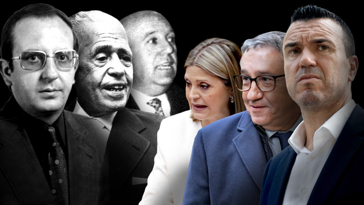A l'esquerra, Josep Lluís Barceló, Joaquín Maldonado i Martí Domínguez, i a la dreta, Vicente Mompó, José Antonio Rovira i Carmen Ortí. Fotomuntatge de Toni Payà