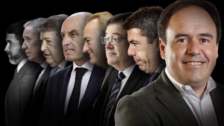 D'esquerra a dreta, Joan Lerma, Eduardo Zaplana, José Luis Olivas, Francisco Camps, Alberto Fabra, Carlos Mazón i Juanfran Pérez Llorca.. Europa Press / Fotomuntatge de Toni Payà