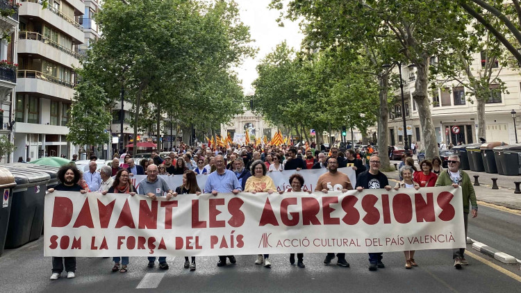 La capçalera de la manifestació, abans d'arribar a la plaça d'Amèrica.. ACPV